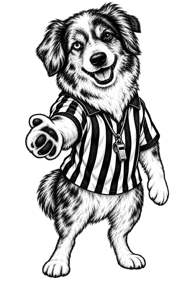 Buddy, with his white blaze and merle fur, inviting you to challenge a friend